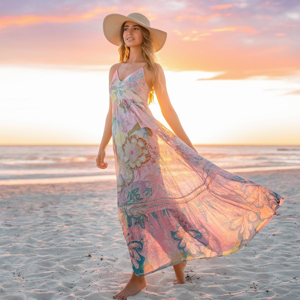 Model in a pastel flowy maxi dress with a sun hat on a sandy beach at sunset.