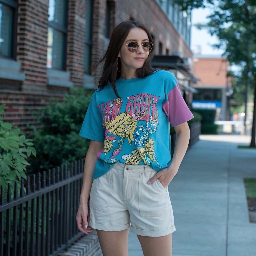 Model in casual cotton shorts and a graphic tee on a sunny city street.