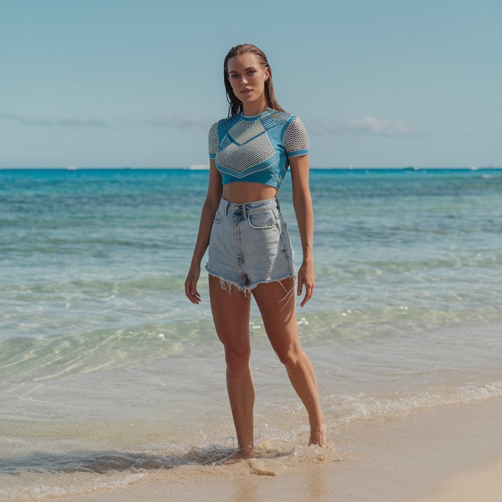 Model in denim shorts and a crop top, posing near the ocean under a clear blue sky.