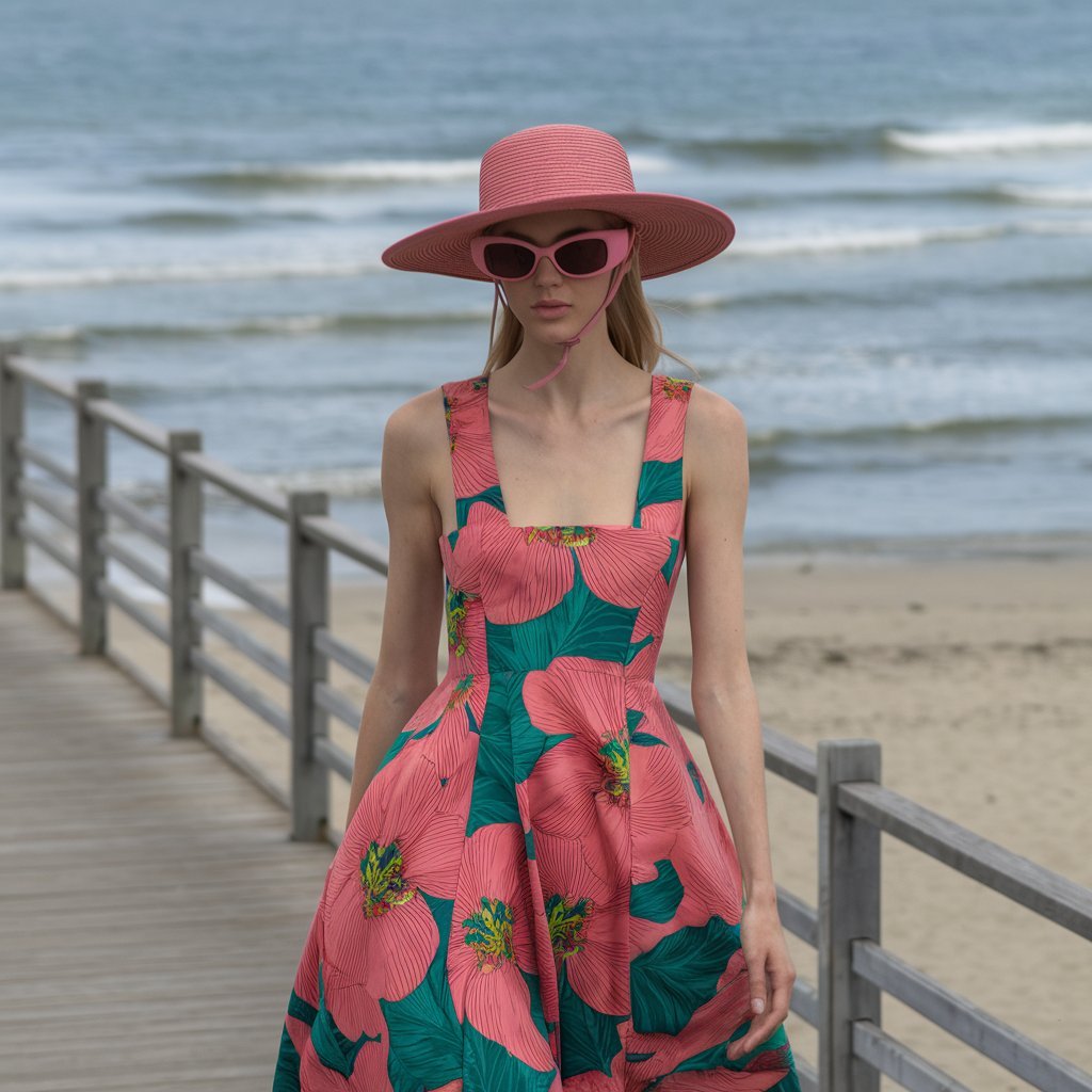 Woman in a floral sundress with statement earrings and sunglasses, walking on a boardwalk by the ocean.