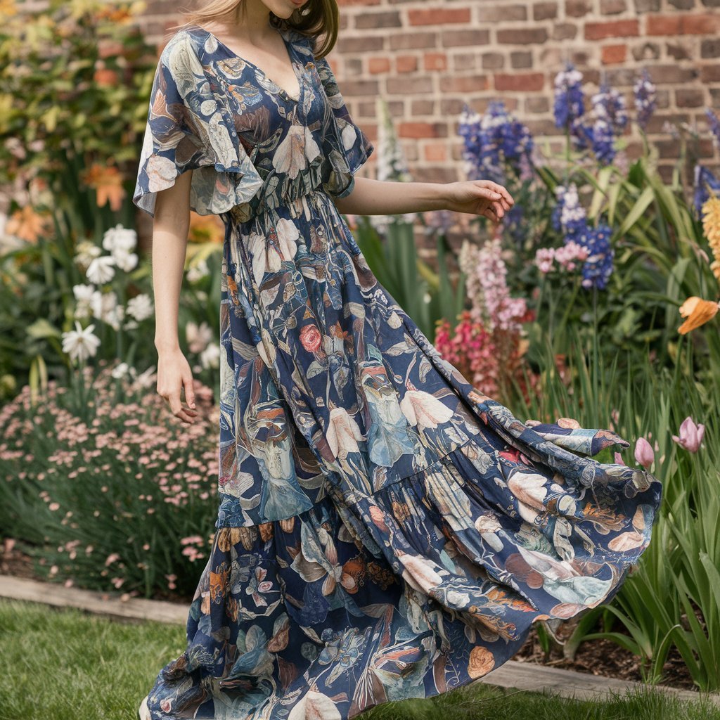 Woman in a floral maxi dress standing in a lush garden filled with summer blooms.