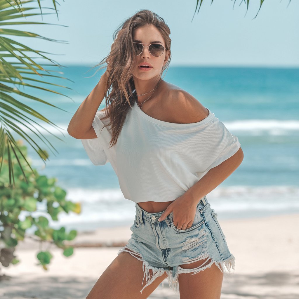 Woman in an off-shoulder top with denim shorts, standing on a sunny beach with a gentle breeze.