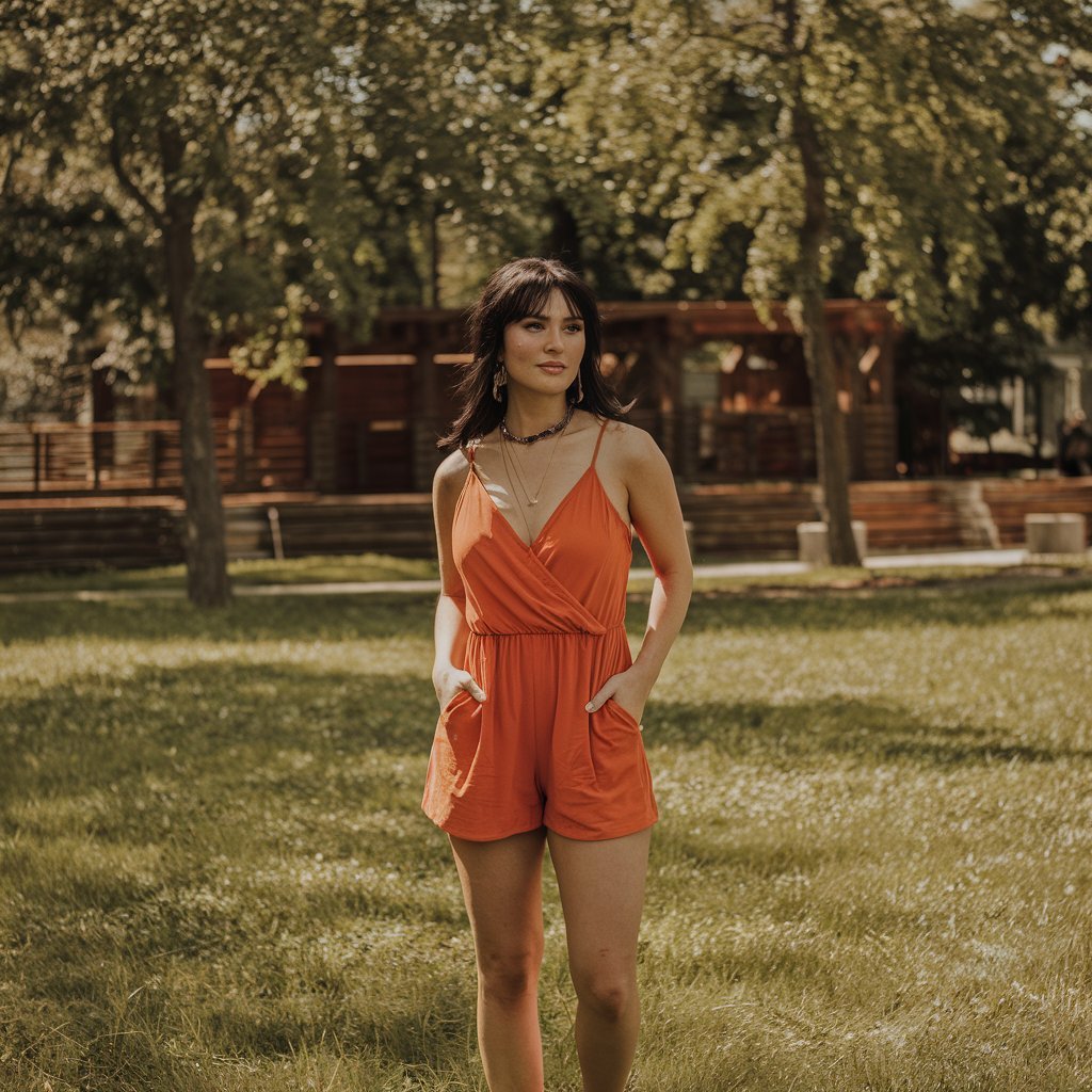 Model in a relaxed jumpsuit enjoying a sunny day in a park setting.