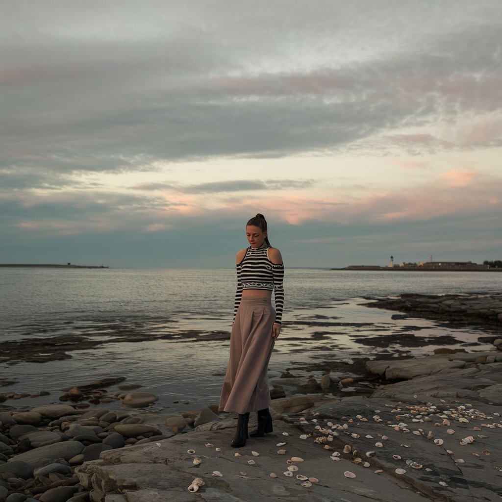 Woman in an off-shoulder outfit with a coastal background, exuding elegance.