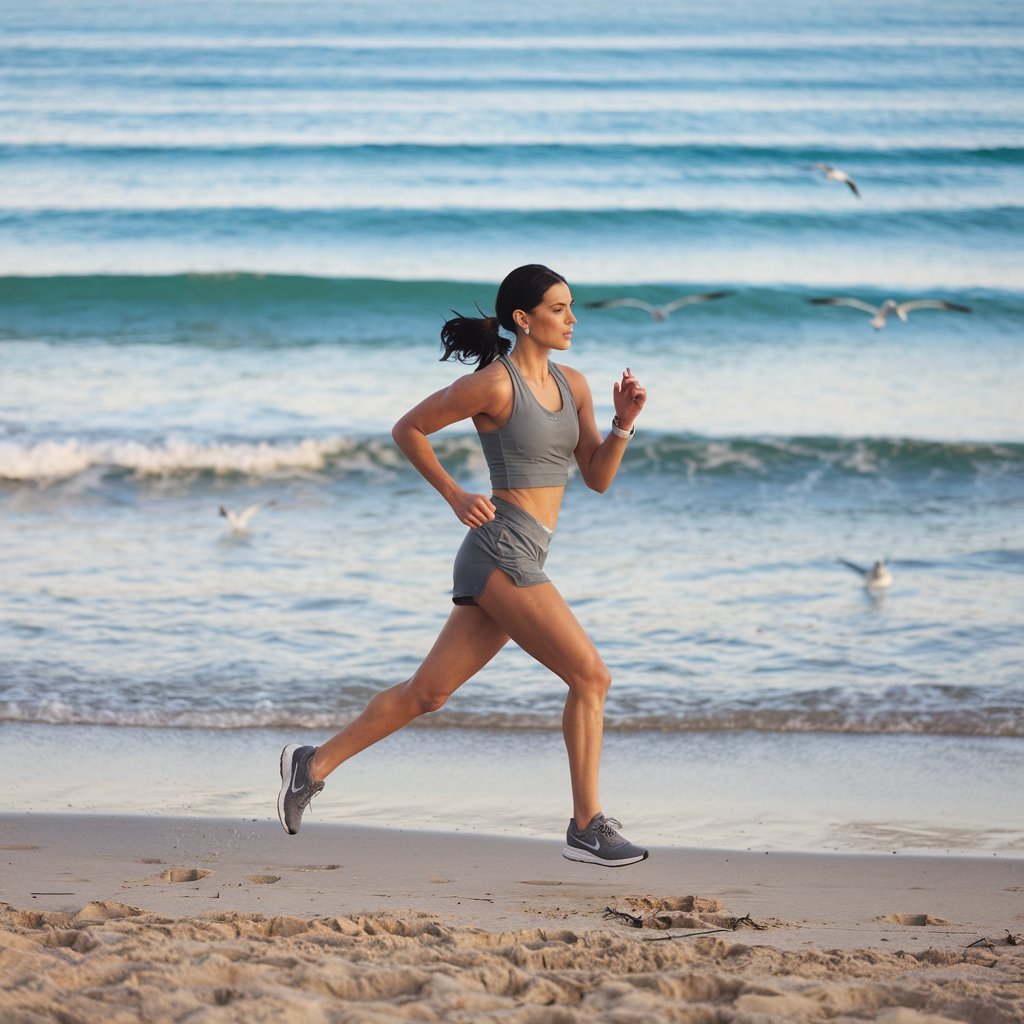 Model in an athleisure outfit jogging along a beach, wearing a sporty tank and shorts with a cap.