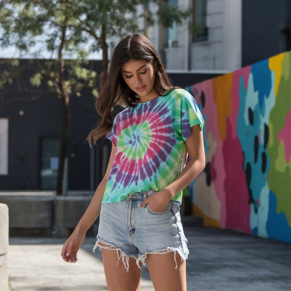 Fashionable individual in a tie-dye and denim combo, exuding a retro summer vibe.