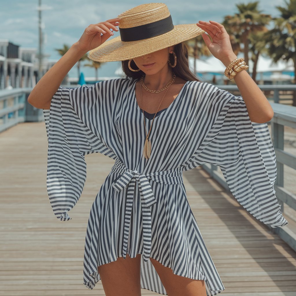 Fashion-forward individual in a stylish swim-to-street outfit, perfectly blending beachwear and casual chic.