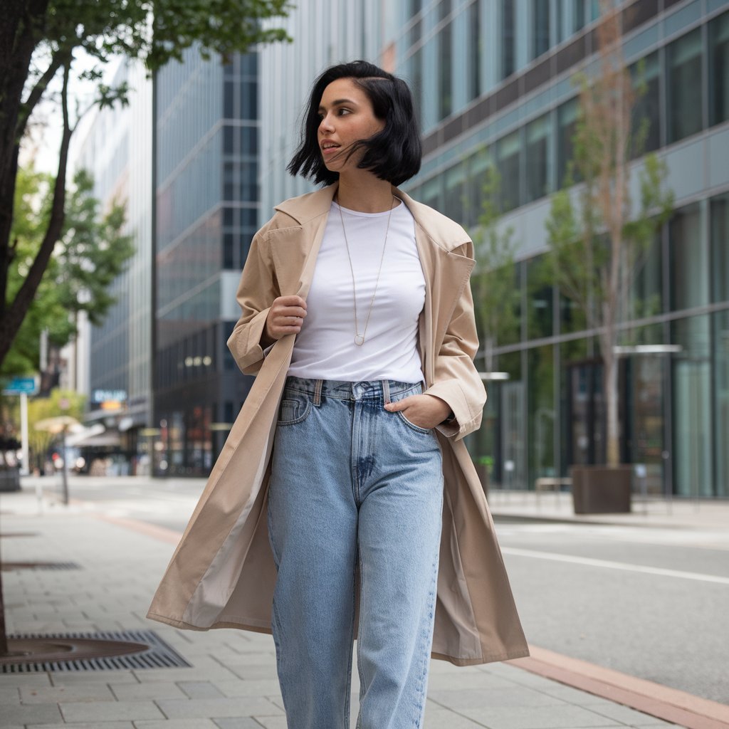 Woman wearing sustainable denim and organic cotton tee in an urban setting.