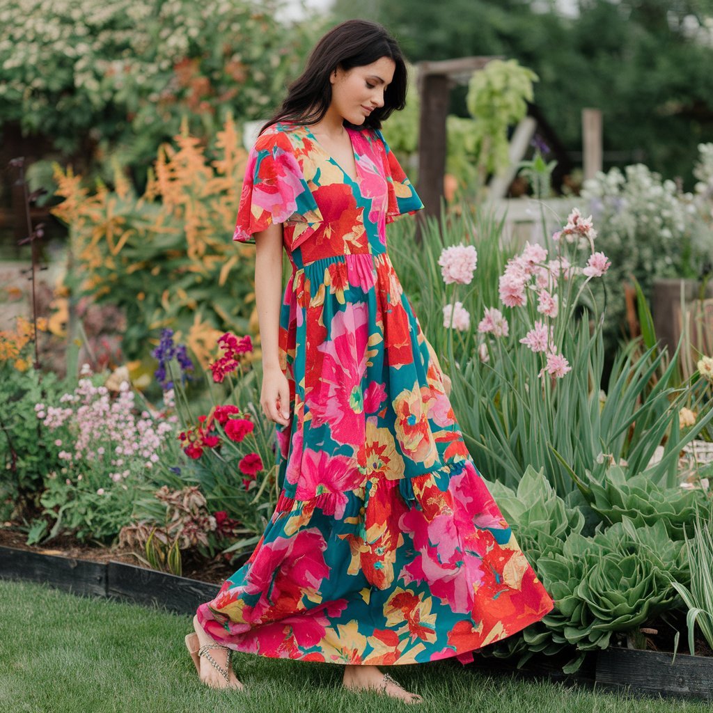 Woman in a floral maxi dress standing in a colorful spring garden.
