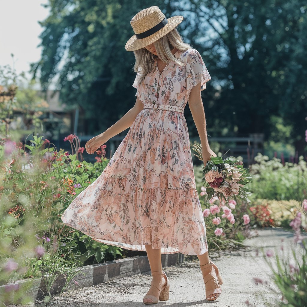Woman wearing a floral maxi dress, standing amidst spring flowers.