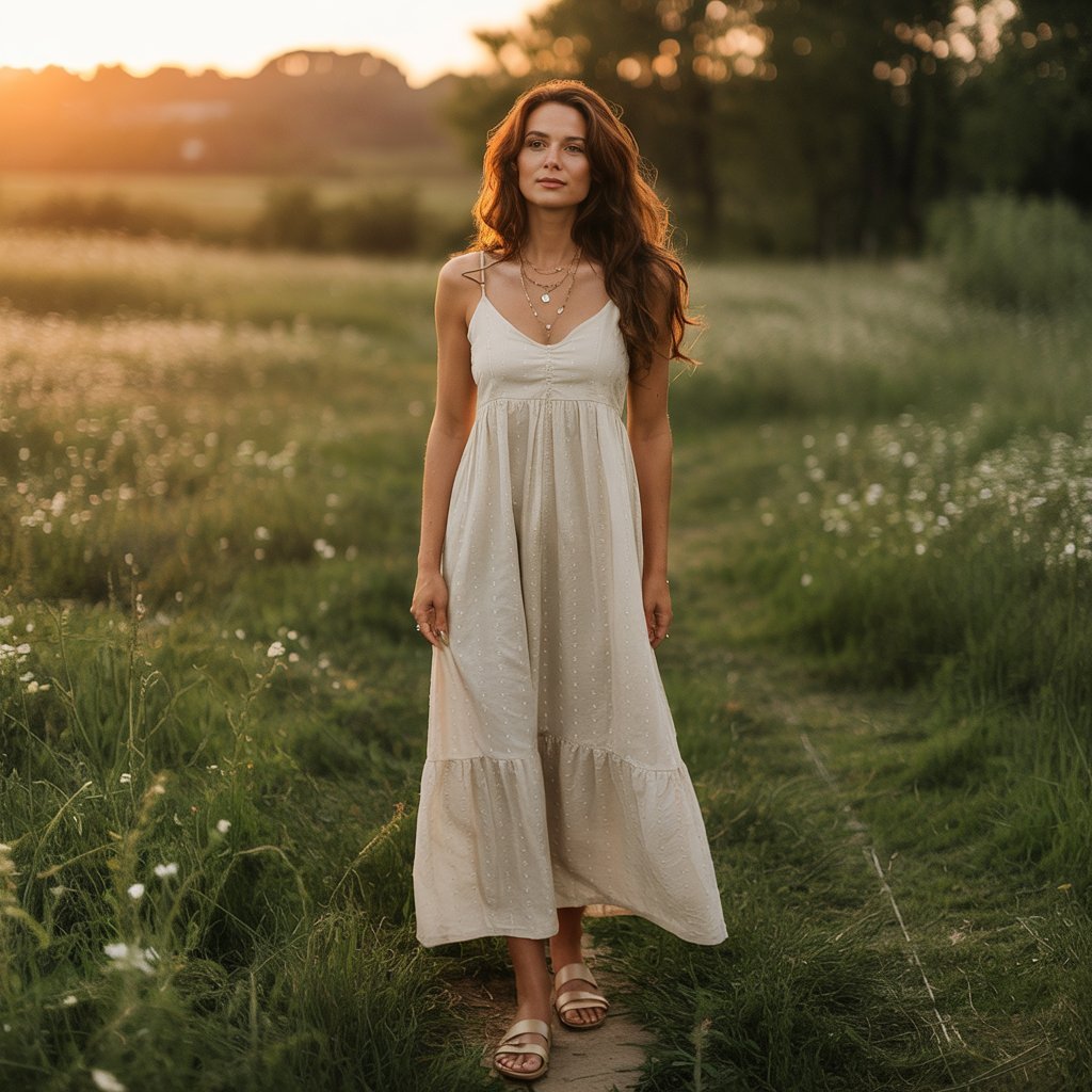 Woman modelling an ethereal white maxi dress, a classic example of inspiring Boho Outfits.