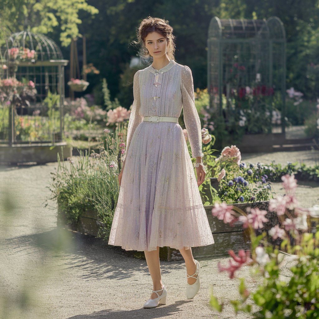 Model in a pastel spring outfit amidst blooming flowers.