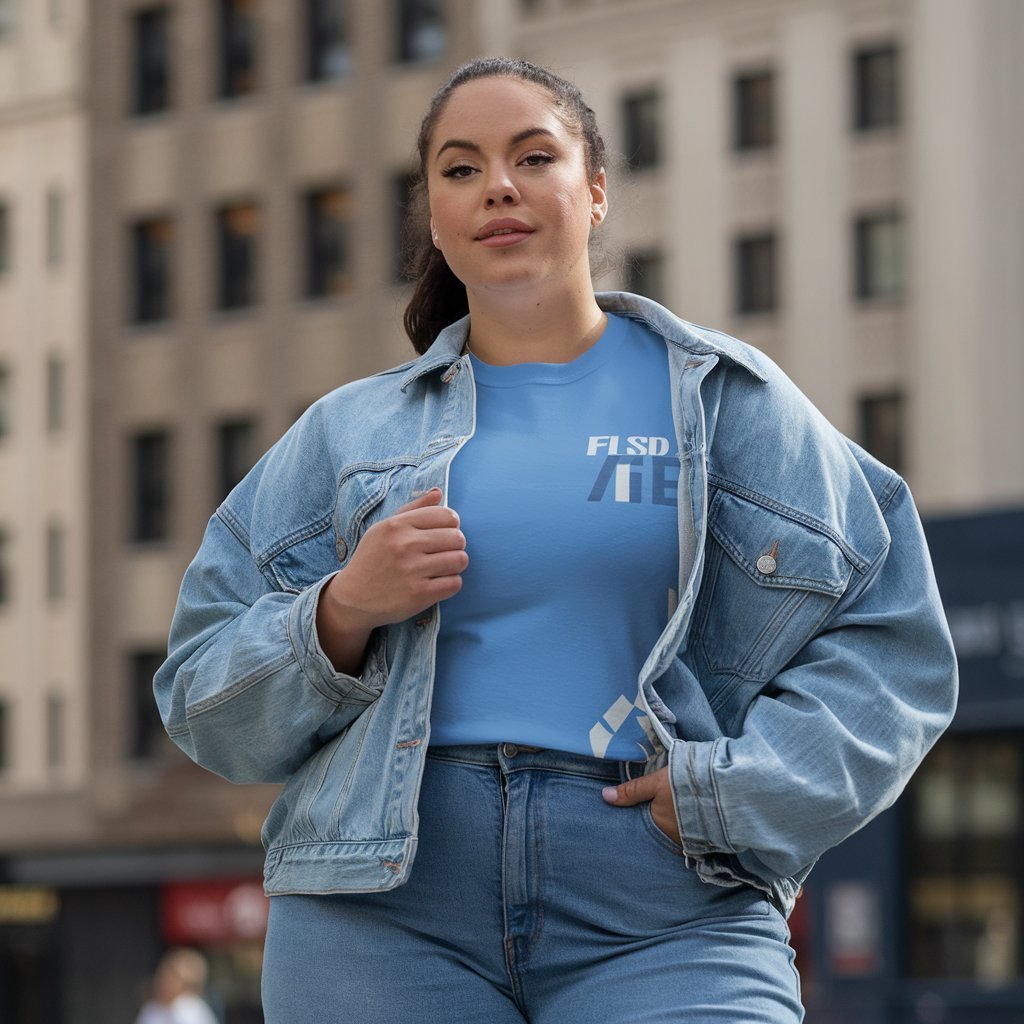 Plus size woman in a casual denim and tee outfit.