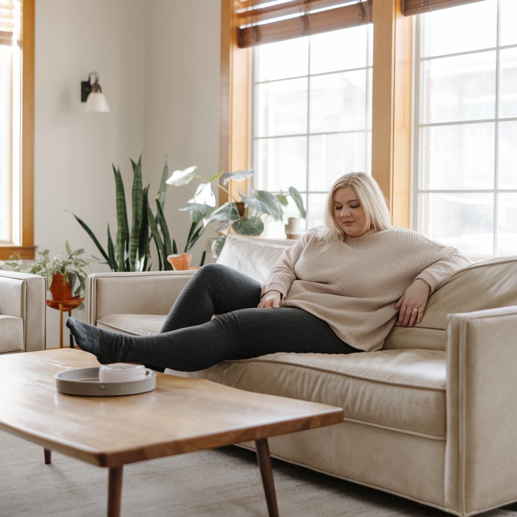 Plus size woman in a cozy sweater and leggings.
