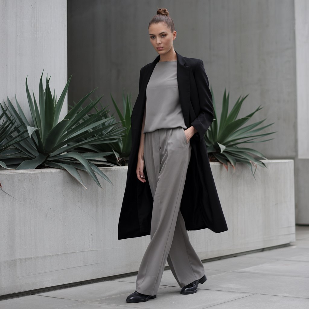 Minimalist monochrome summer outfit conveying modern elegance and simplicity.