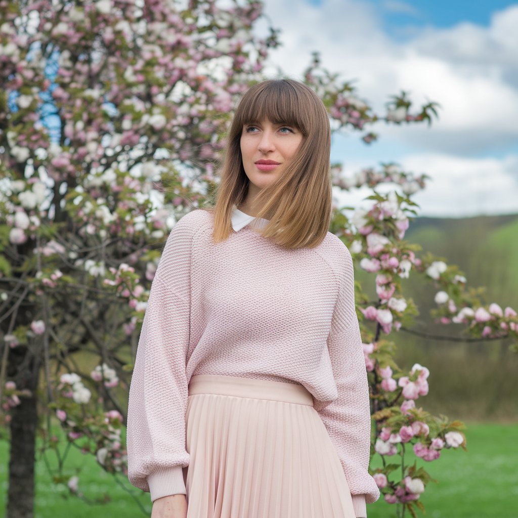 Person pairing a lightweight knit sweater with a pastel pleated skirt, capturing a classy spring outfit.