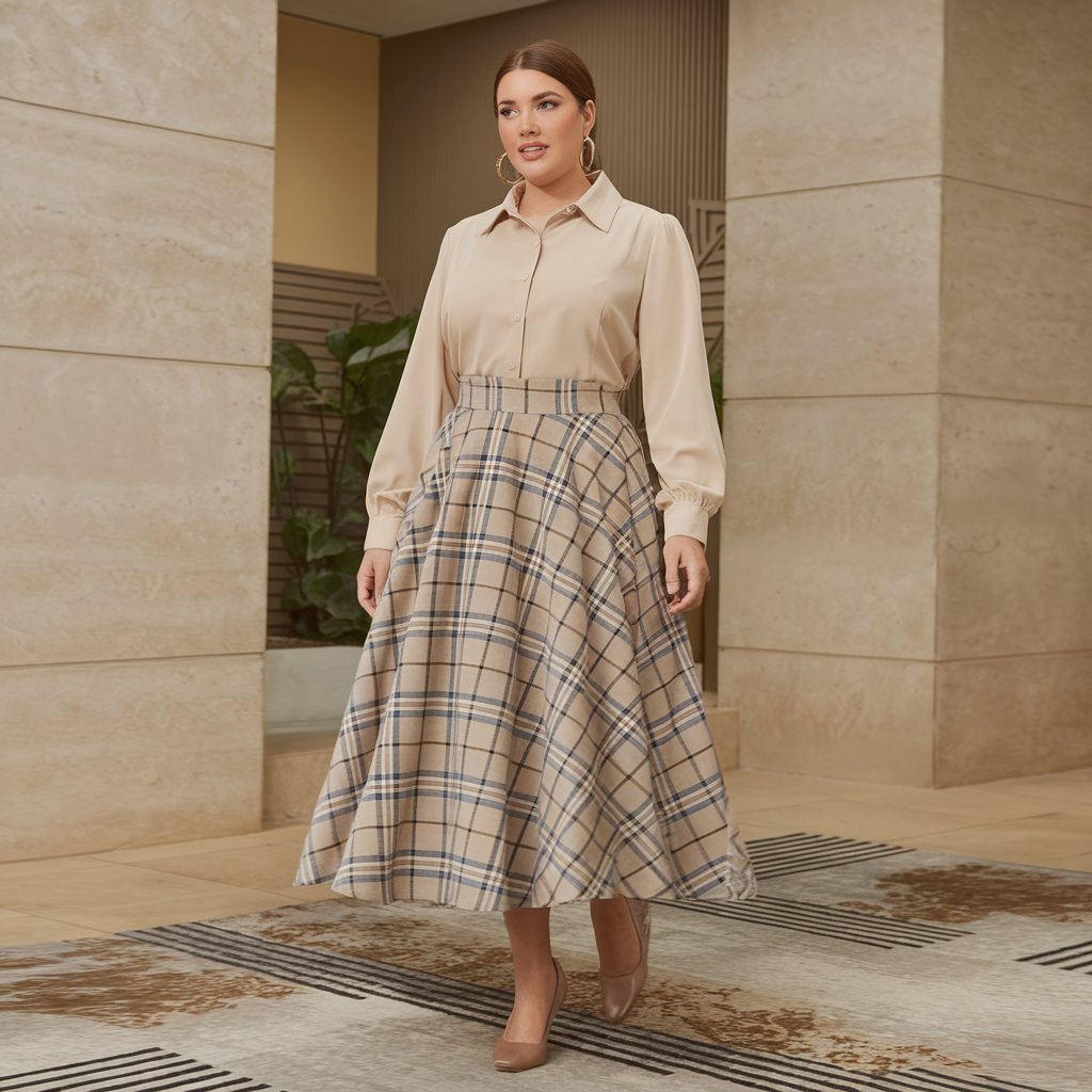 Plus size woman wearing an elegant midi skirt ensemble.