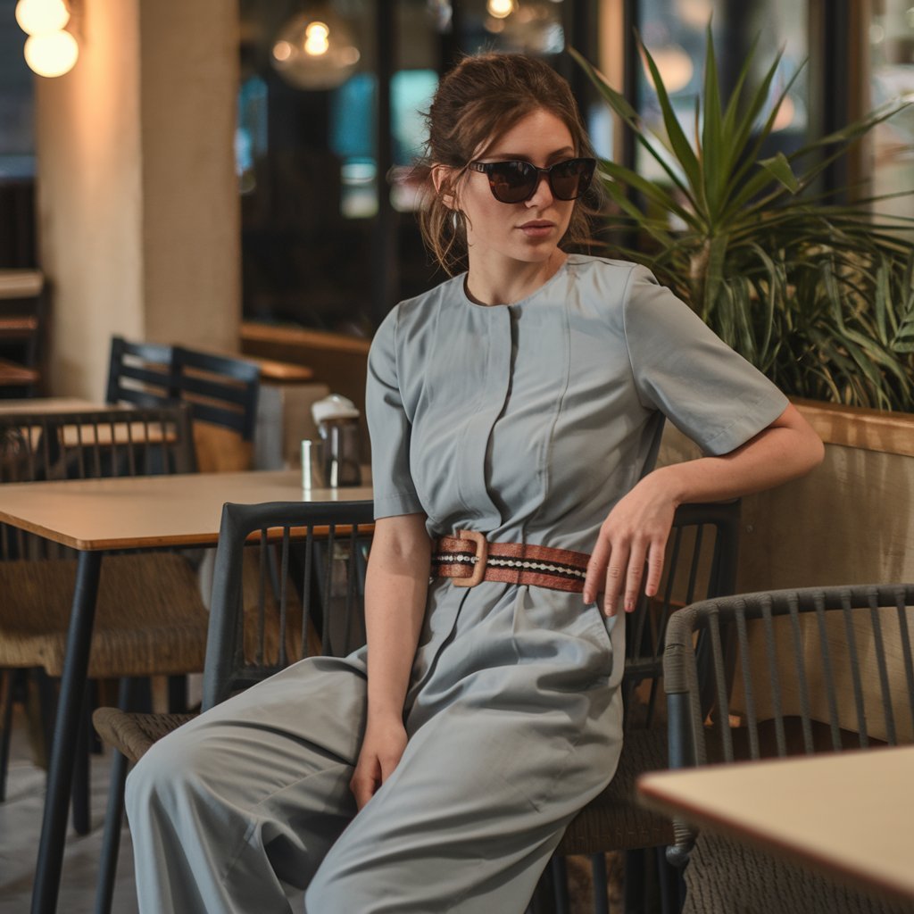 Woman wearing a relaxed-fitting jumpsuit styled with a waist belt, perfect for a casual spring outing.