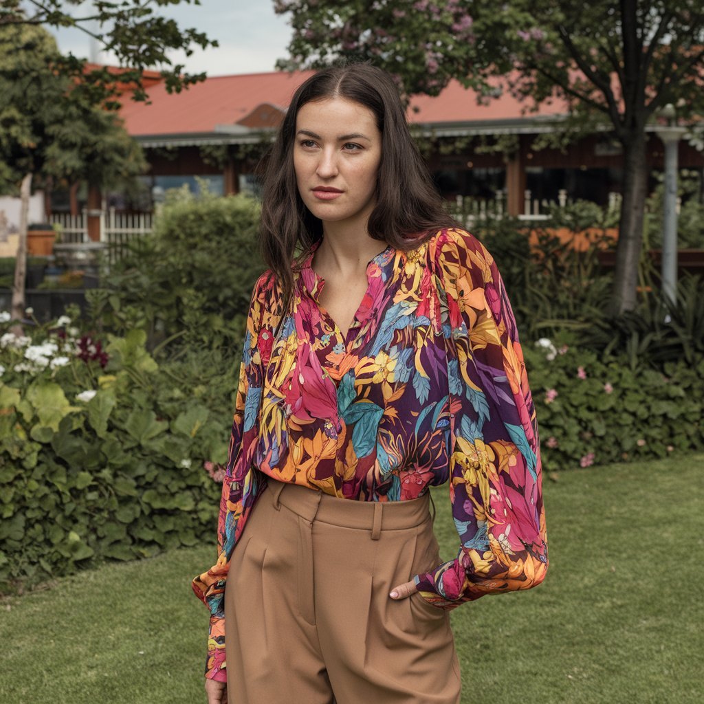 Person wearing a boldly patterned blouse with neutral bottoms, showcasing a lively spring outfit choice.