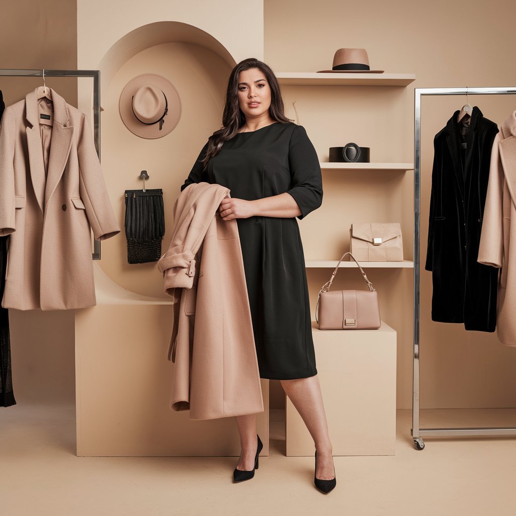 Plus size woman with stylish accessories and basics.