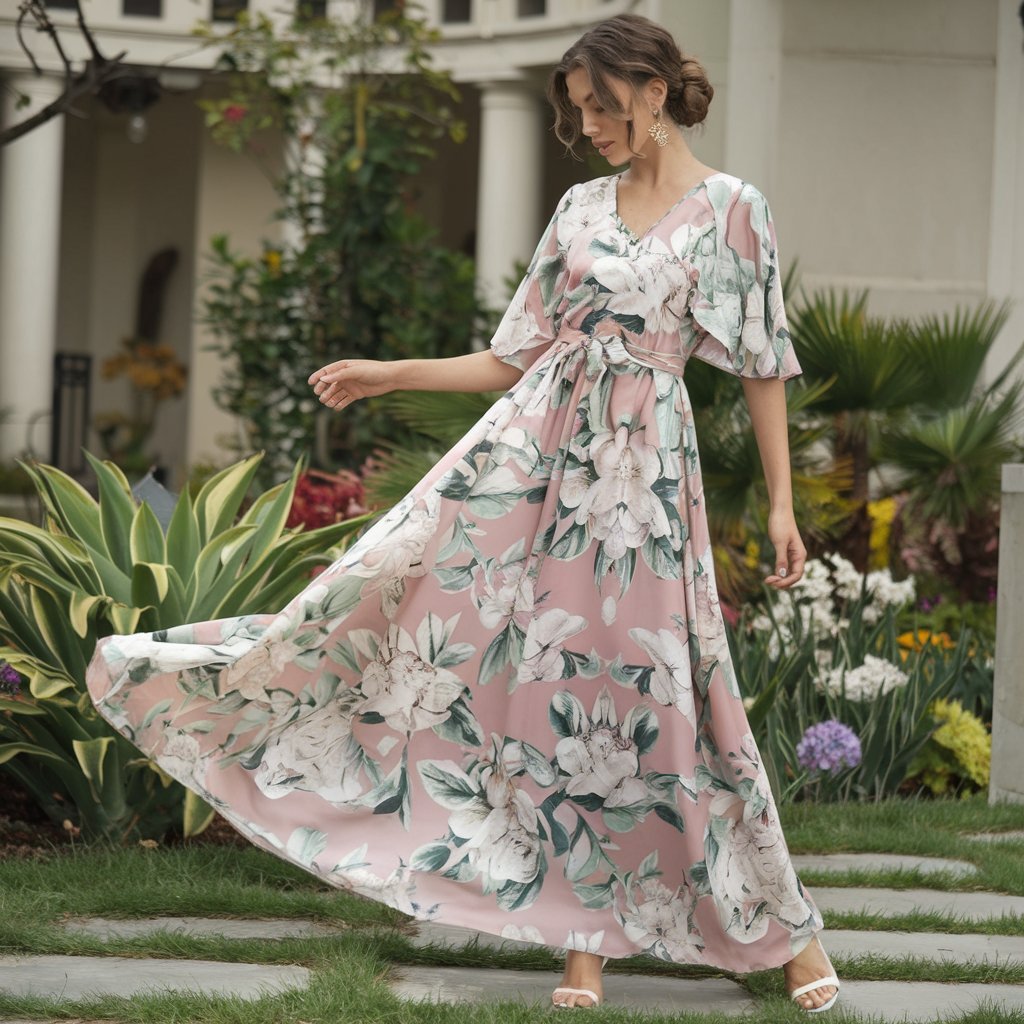 Woman in a flowy maxi dress amid blooming summer flowers