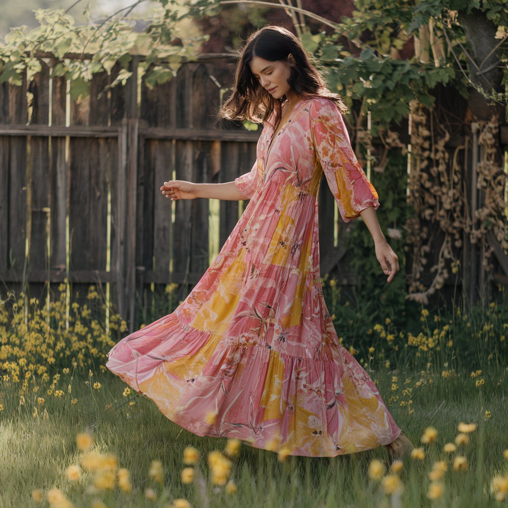 Woman in a flowing, printed maxi dress enjoying a garden party.