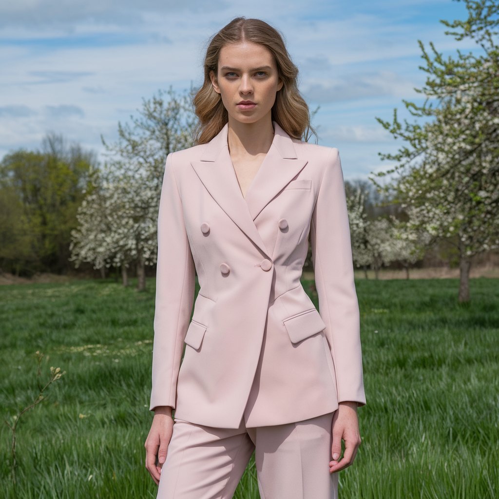 Model showcasing a pastel blazer outfit in a spring setting.