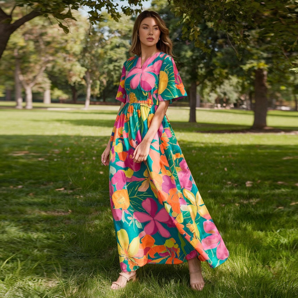 Woman in a floral spring outfit with bold patterns in a natural setting.