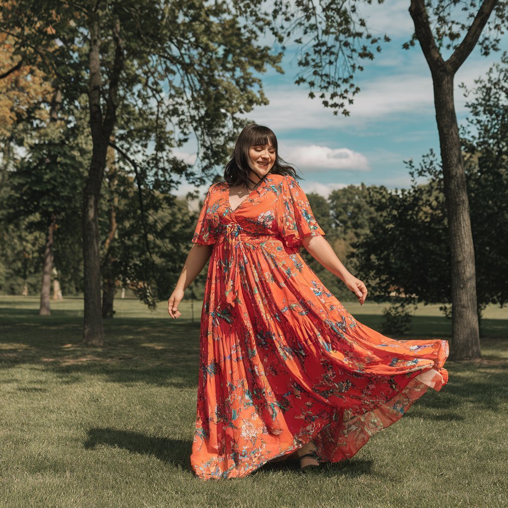 Plus size woman in a flowy maxi dress for everyday wear.