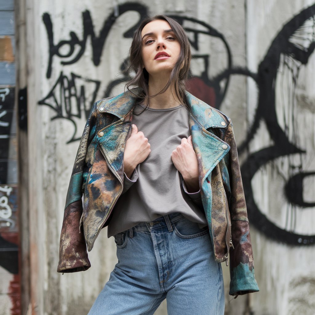 Woman showcasing an upcycled vintage leather jacket in an urban setting.