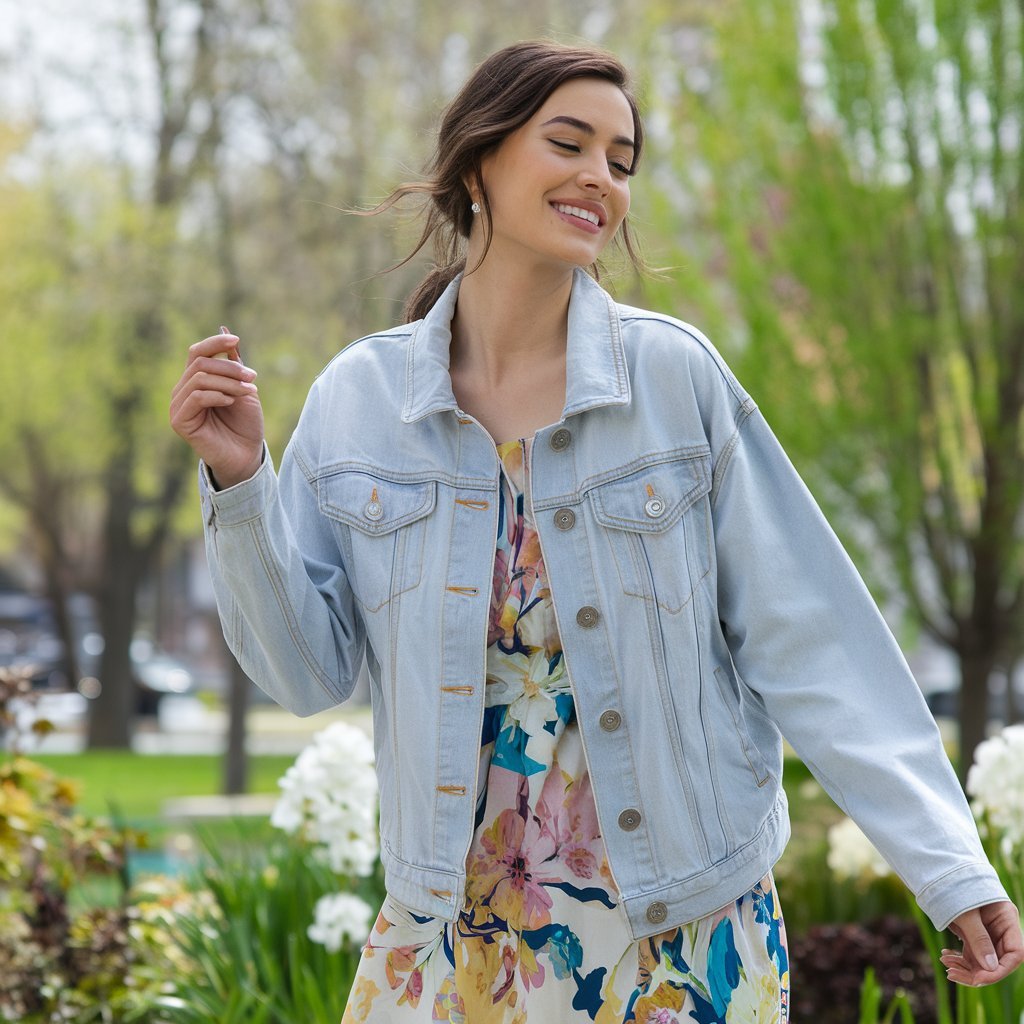 Casual spring outfit featuring a denim jacket over a flowy dress.