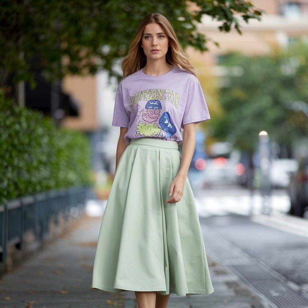 Woman in a midi skirt and graphic T-shirt, reflecting a casual-chic spring look.