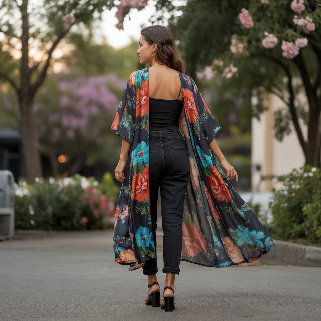 Woman wearing a colourful floral kimono layered over basics, a versatile addition to Boho Outfits.