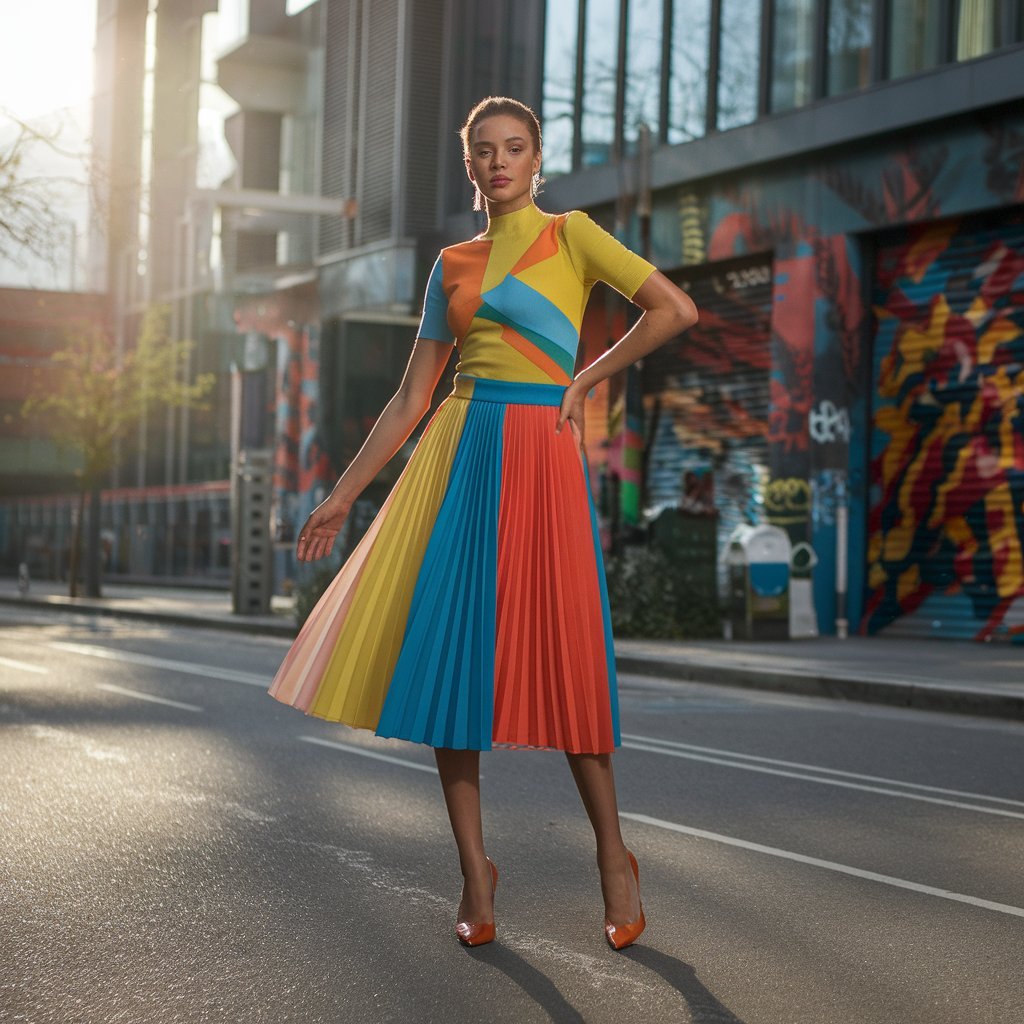 Model in a vibrant spring outfit with a color-blocked top and statement skirt against an urban backdrop with graffiti art.