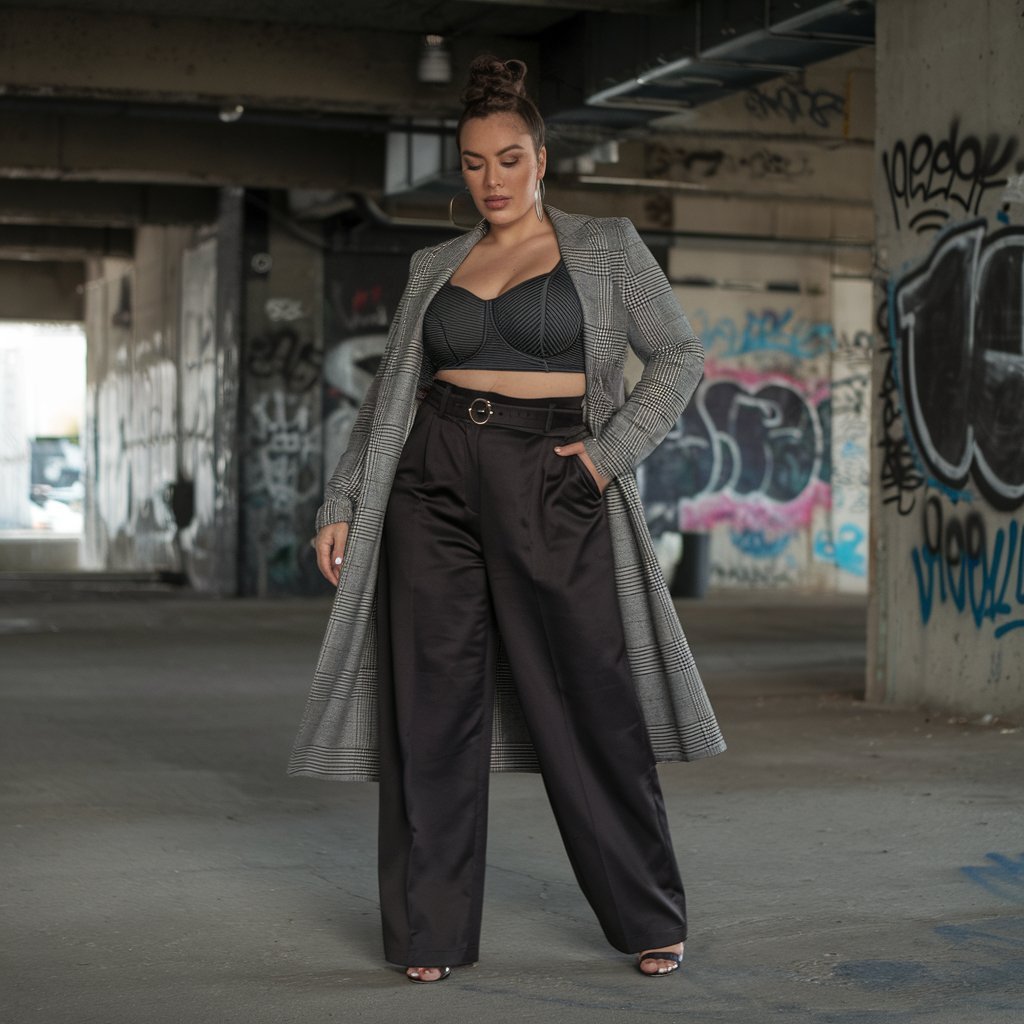 Plus size woman in high-waisted trousers and a crop top.