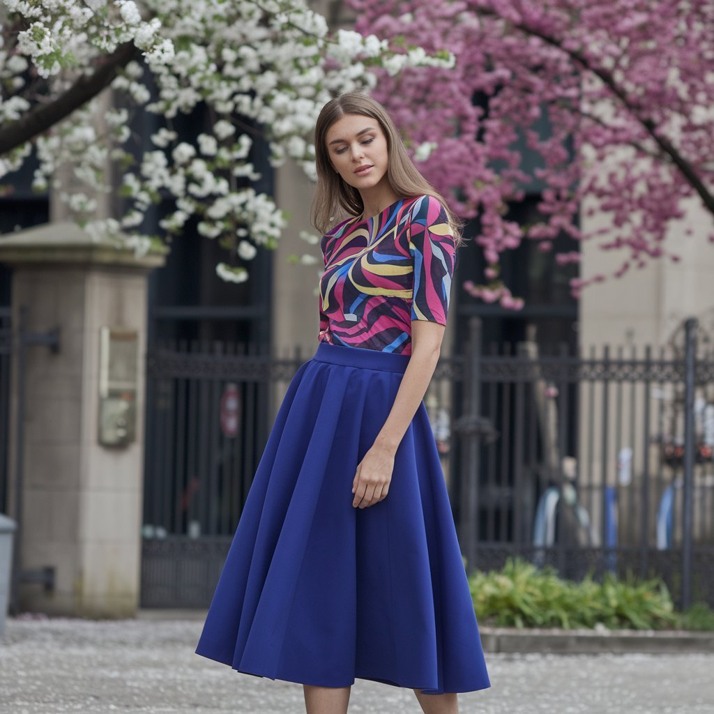 Stylish spring outfit featuring a midi skirt and printed top.