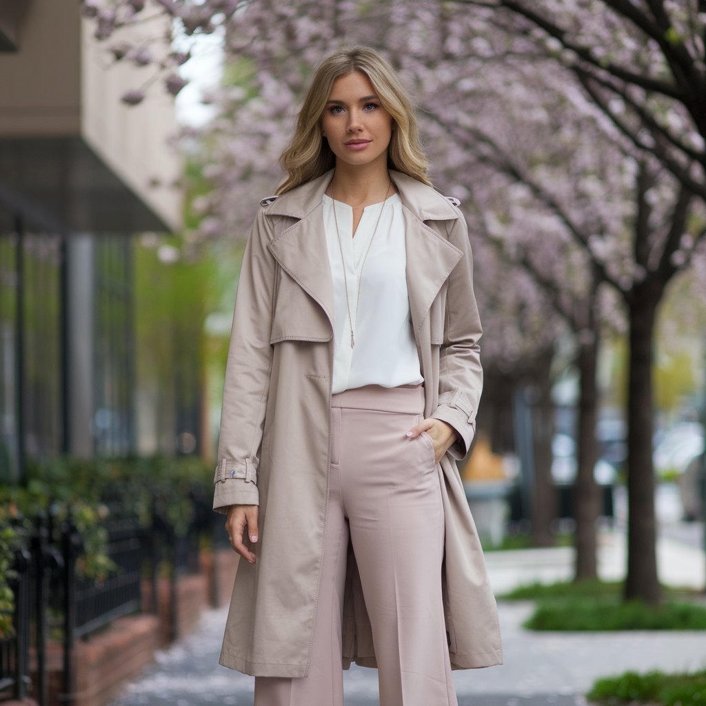 Person wearing a lightweight trench coat over cropped trousers for a stylish spring ensemble.