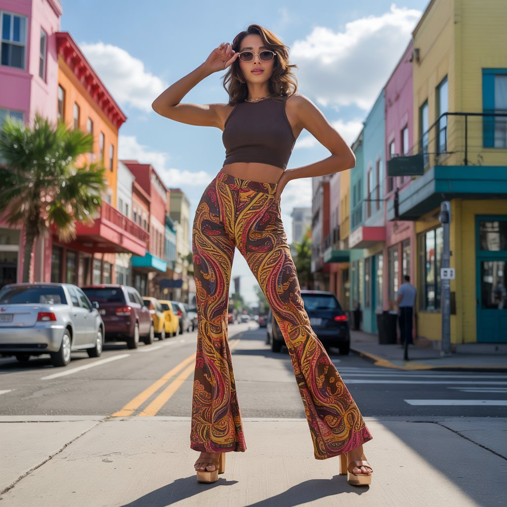 Trendy Boho Outfit featuring bold printed flared pants and a crop top, channelling a 70s bohemian style.