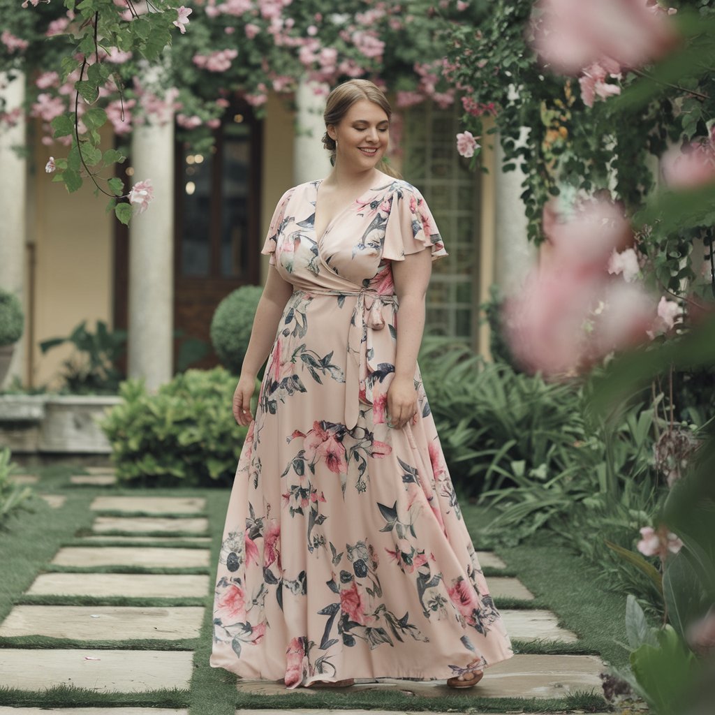 Plus size woman in a wrap dress with a graceful style.v