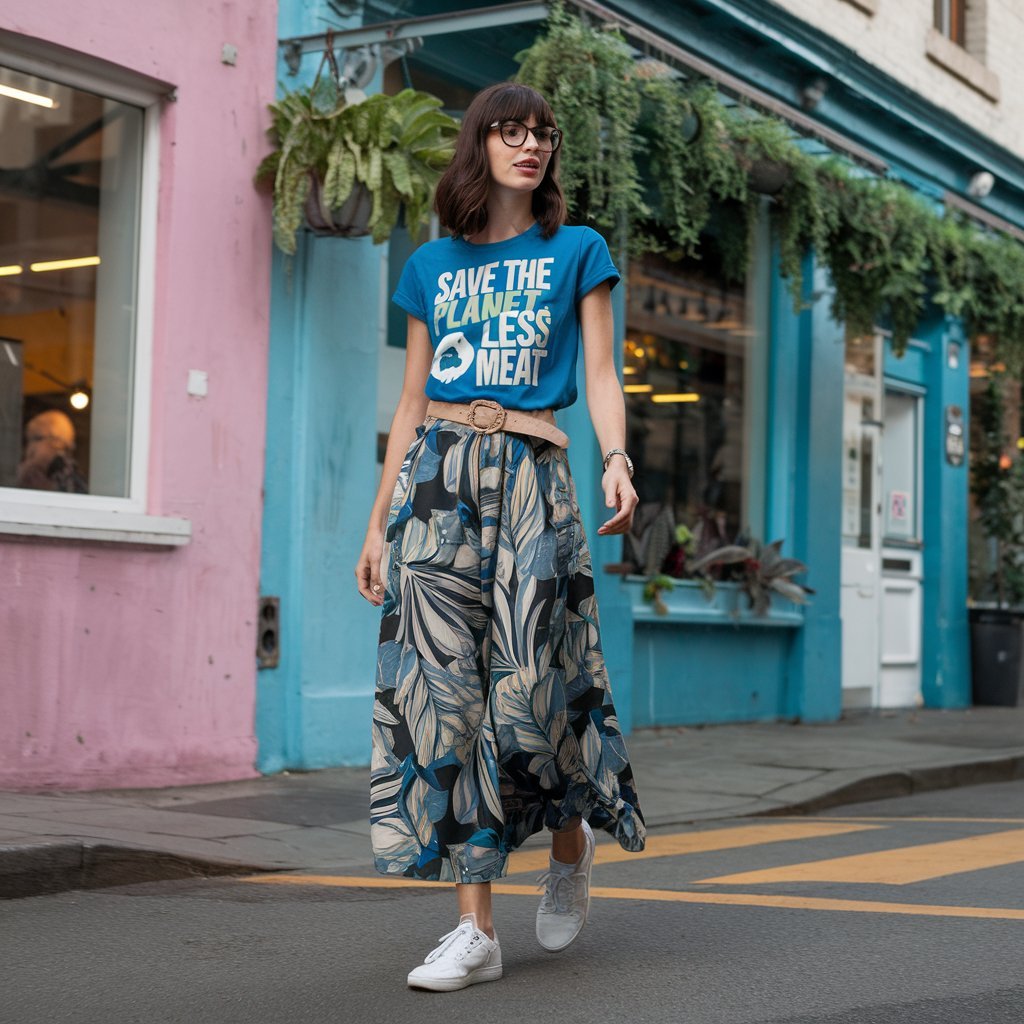 Woman in graphic tee and culottes showcasing modern summer style.