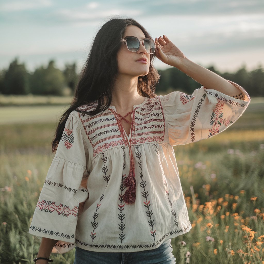 Woman in a boho top with intricate embroidery, surrounded by nature.