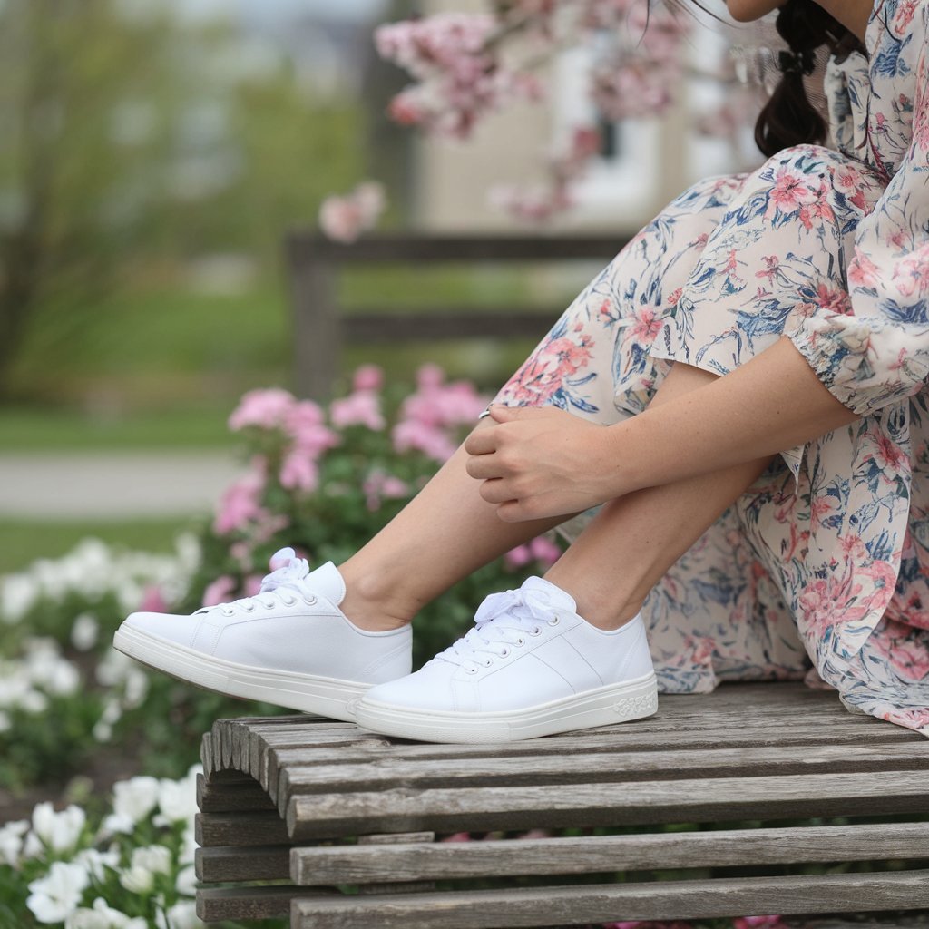 A pair of white sneakers paired with a casual spring outfit, capturing the season’s clean look.