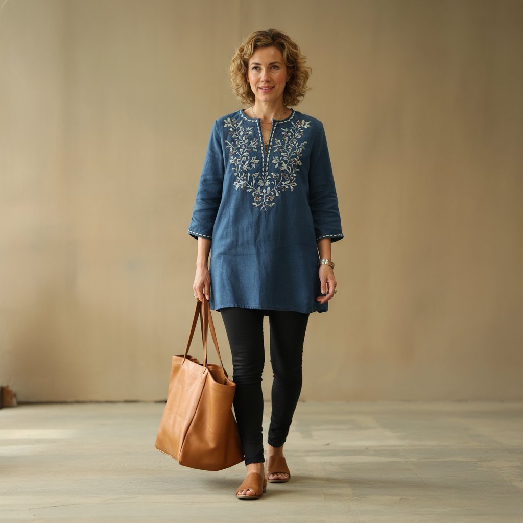 Comfortable Boho Outfit with an embroidered tunic top and leggings, showcasing wearable bohemian style.