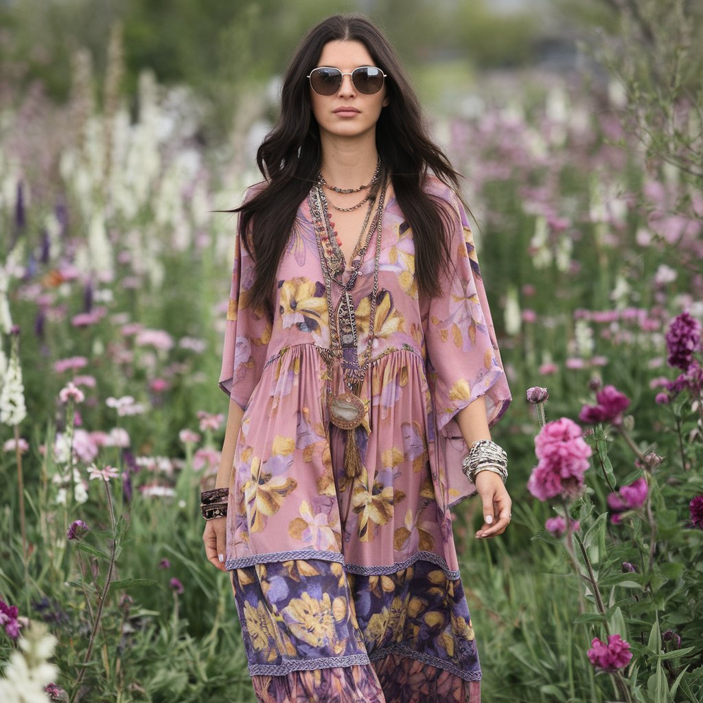 Bohemian spring outfit with flowing fabrics and eclectic accessories in a natural setting.