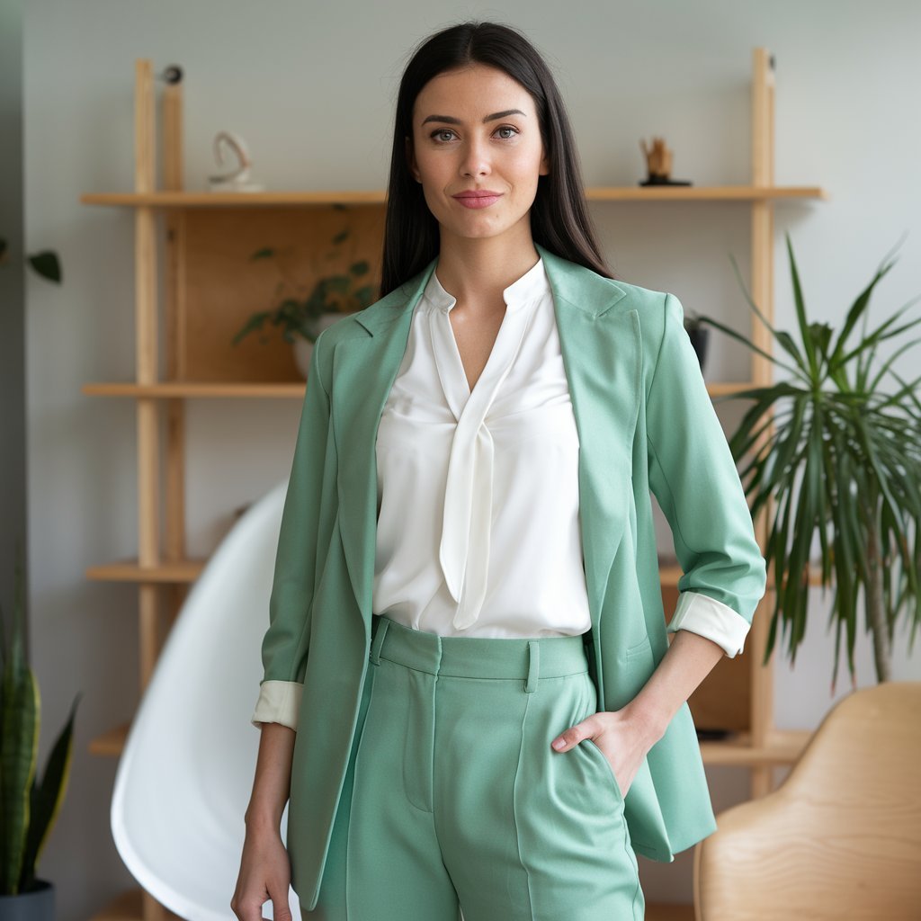 Woman in a green sustainable blazer in a business setting