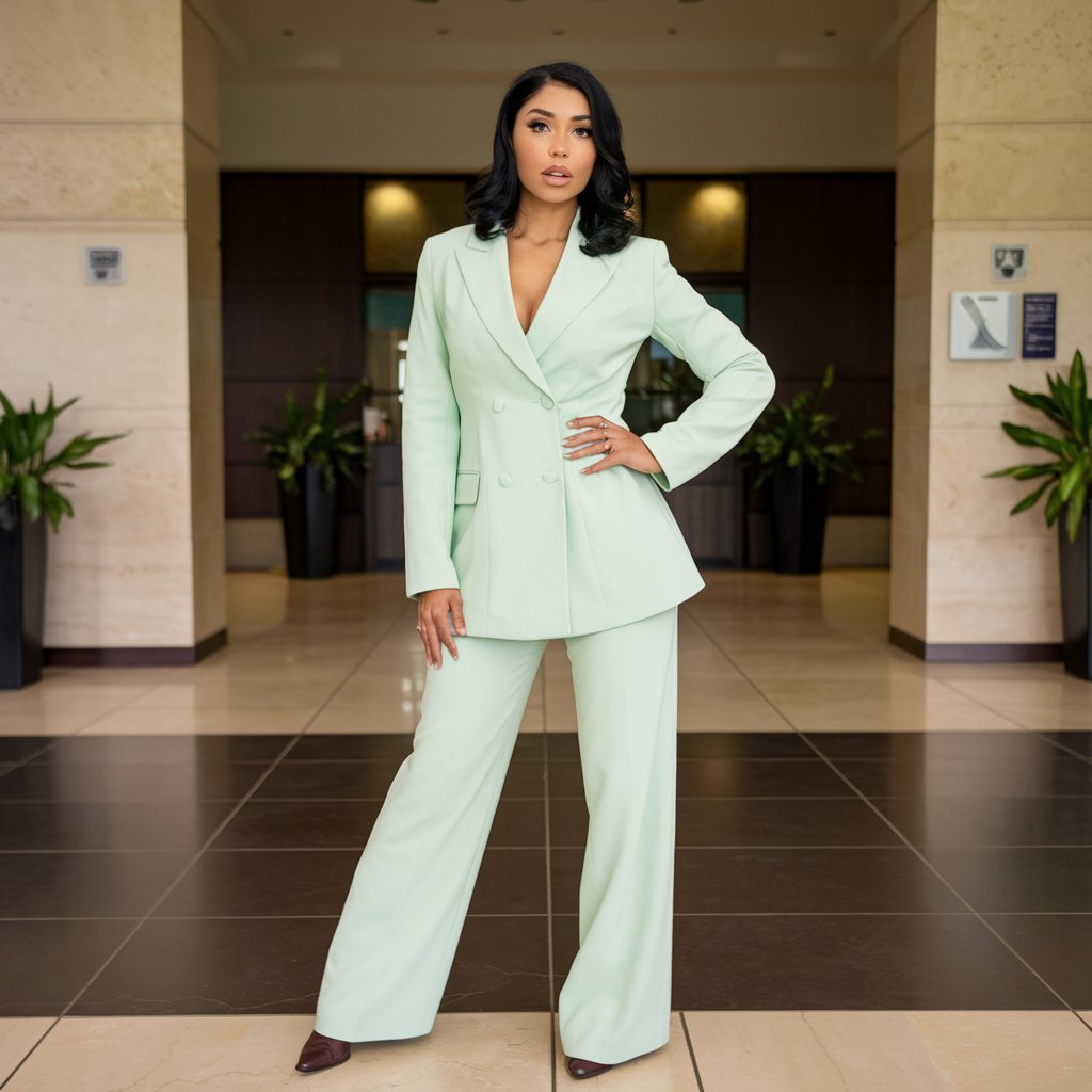 Woman wearing a mint pastel pantsuit, showcasing a professional yet trendy spring style.