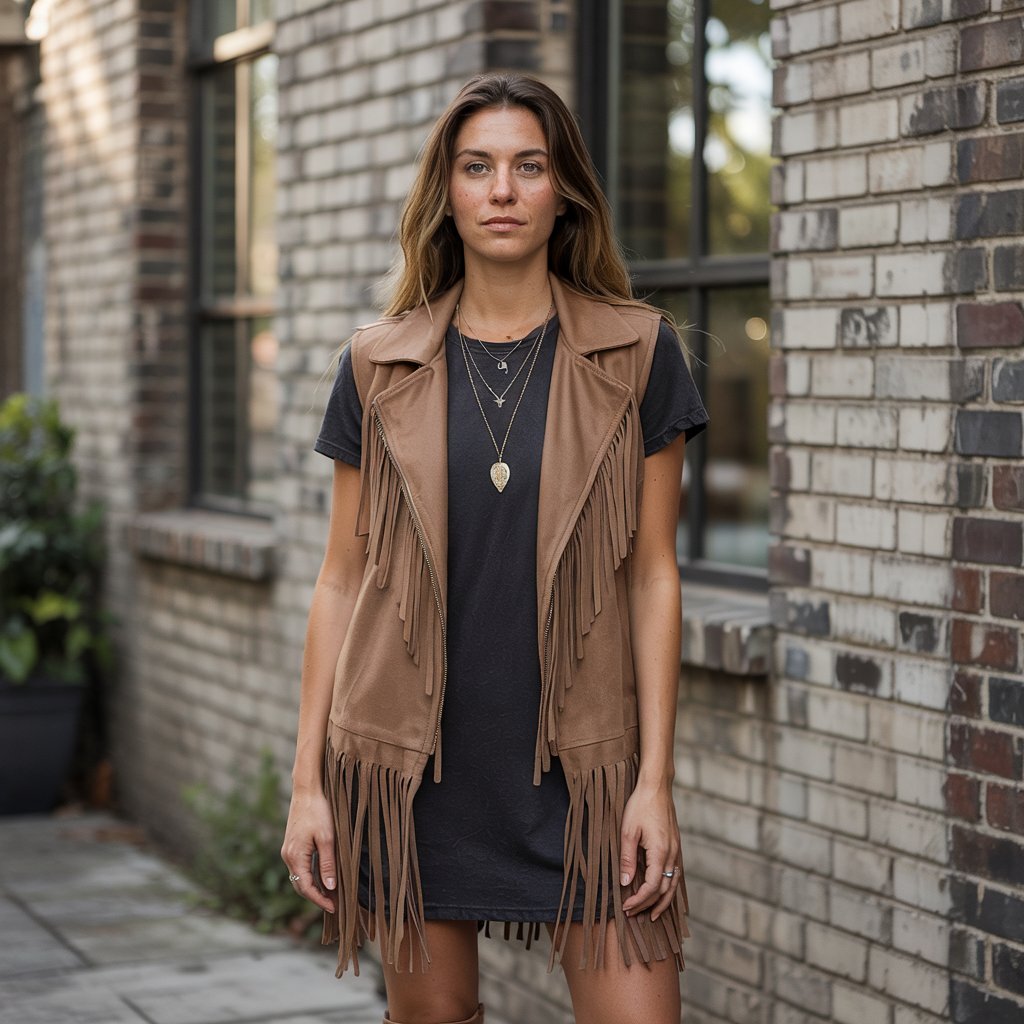Statement Boho Outfit featuring a tan fringe vest layered over a black dress, highlighting key bohemian style elements.