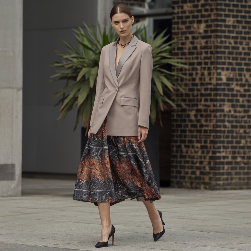 Spring outfit with chic contrast, blending neutrals and bold colors for a modern look.