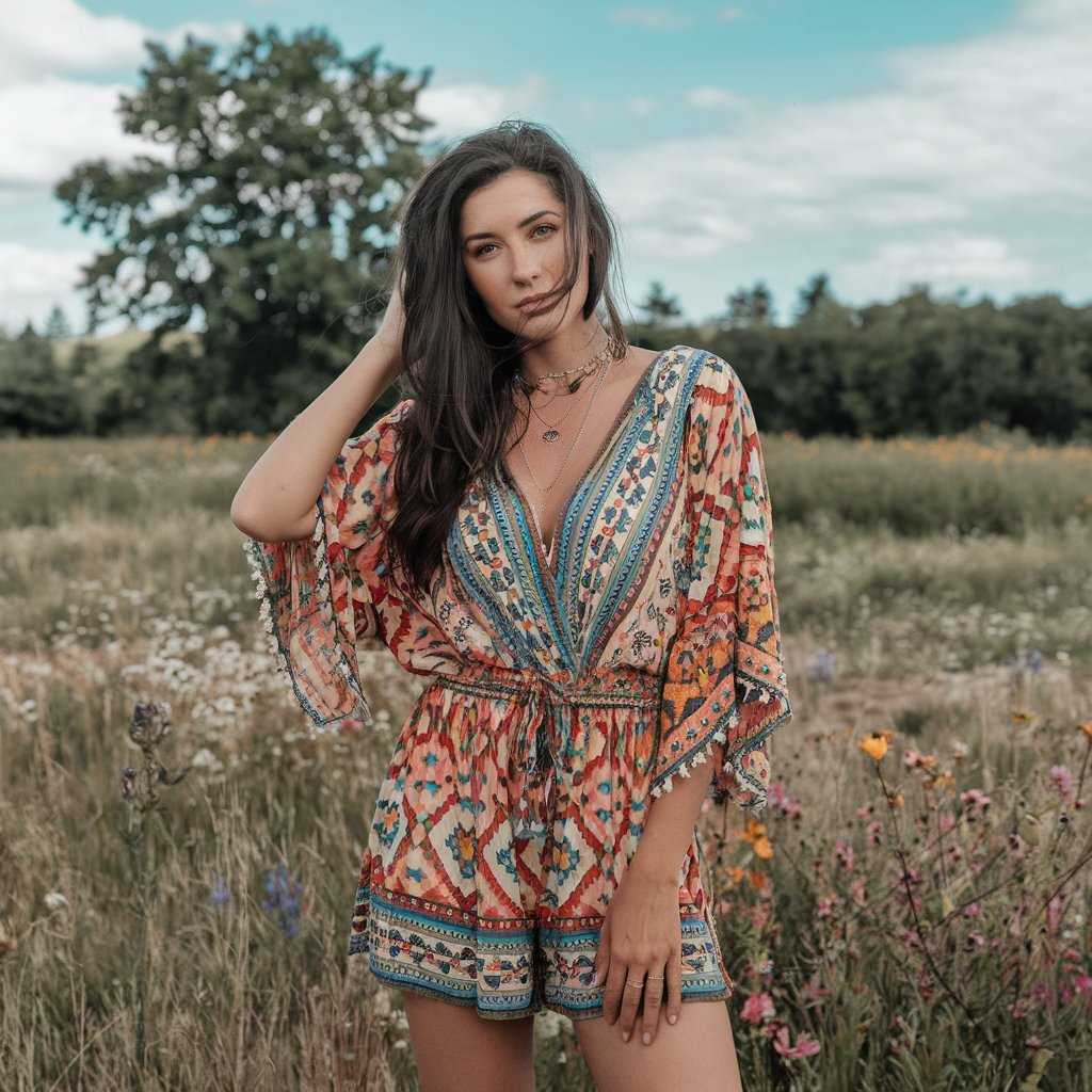 Boho chic romper perfect for summer festivals and casual outings.