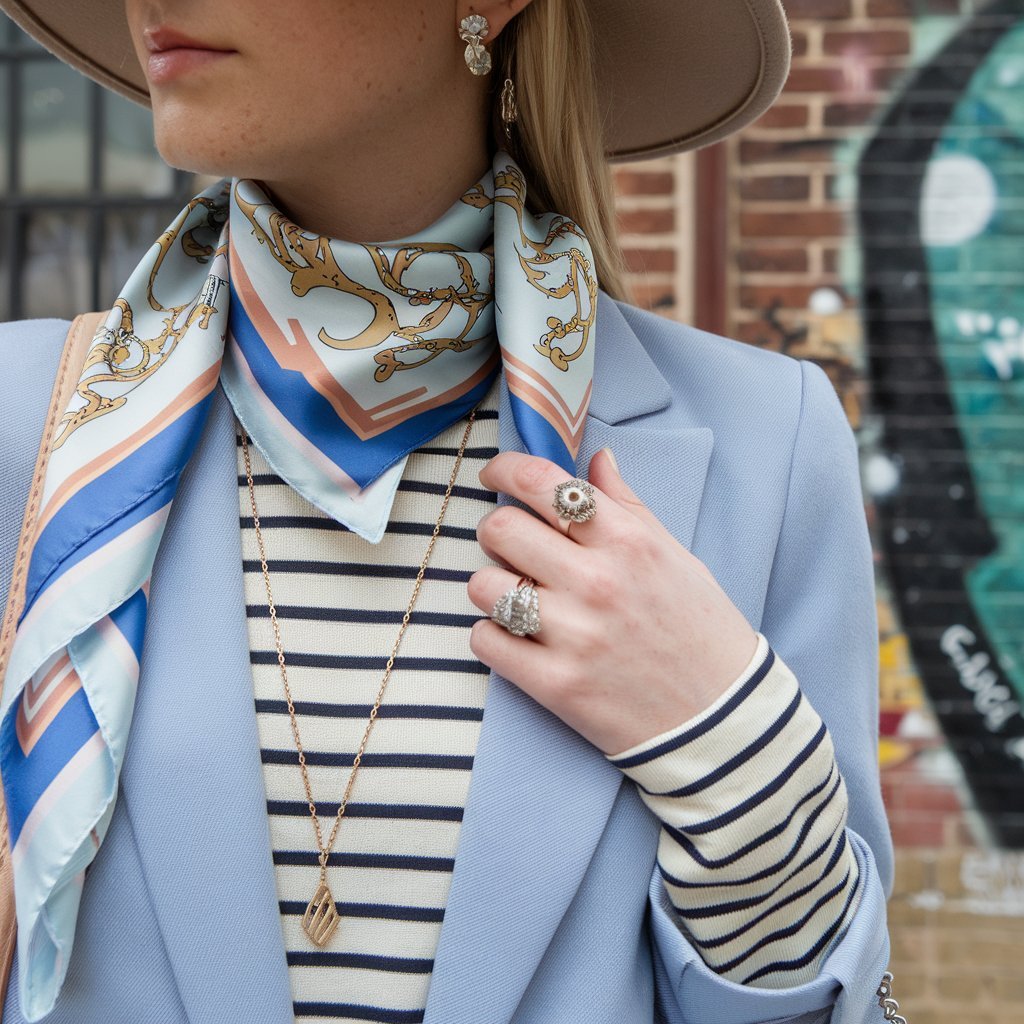 Accessory-driven layered spring outfit highlighting detailed accessories